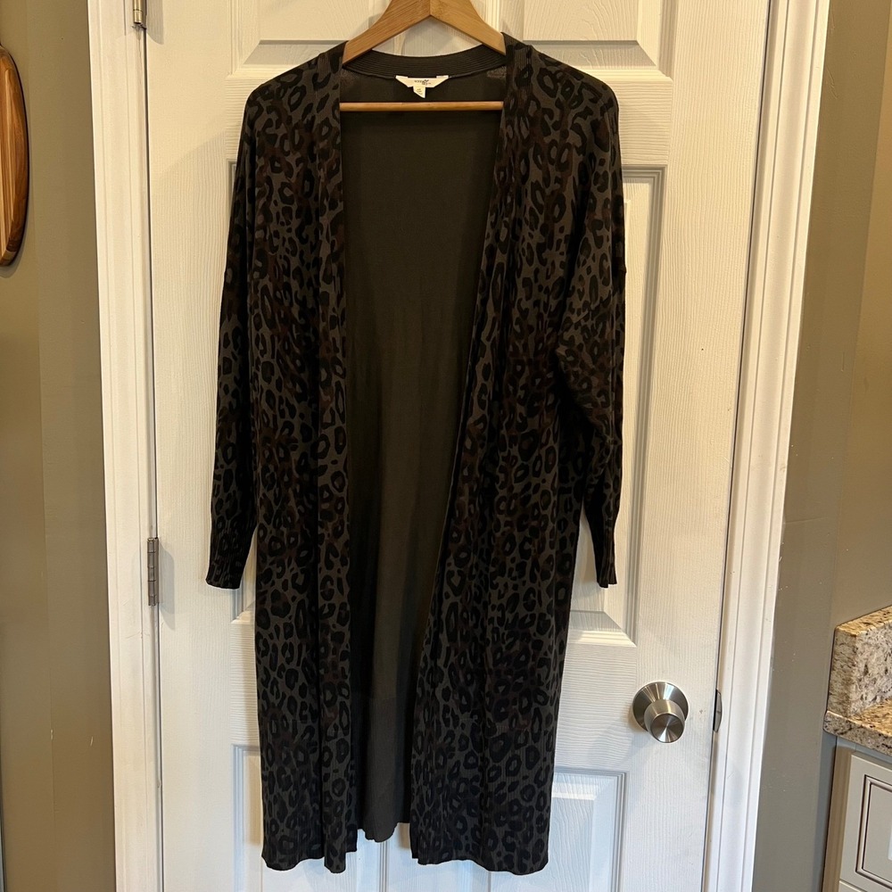 Terra & Sky Leopard Print Duster Cardigan Sweater Olive Brown Womens 0X 14W